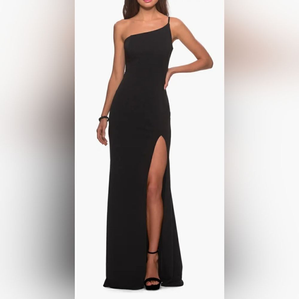 La Femme One-Shoulder Jersey Gown Nwt Size 2 Black